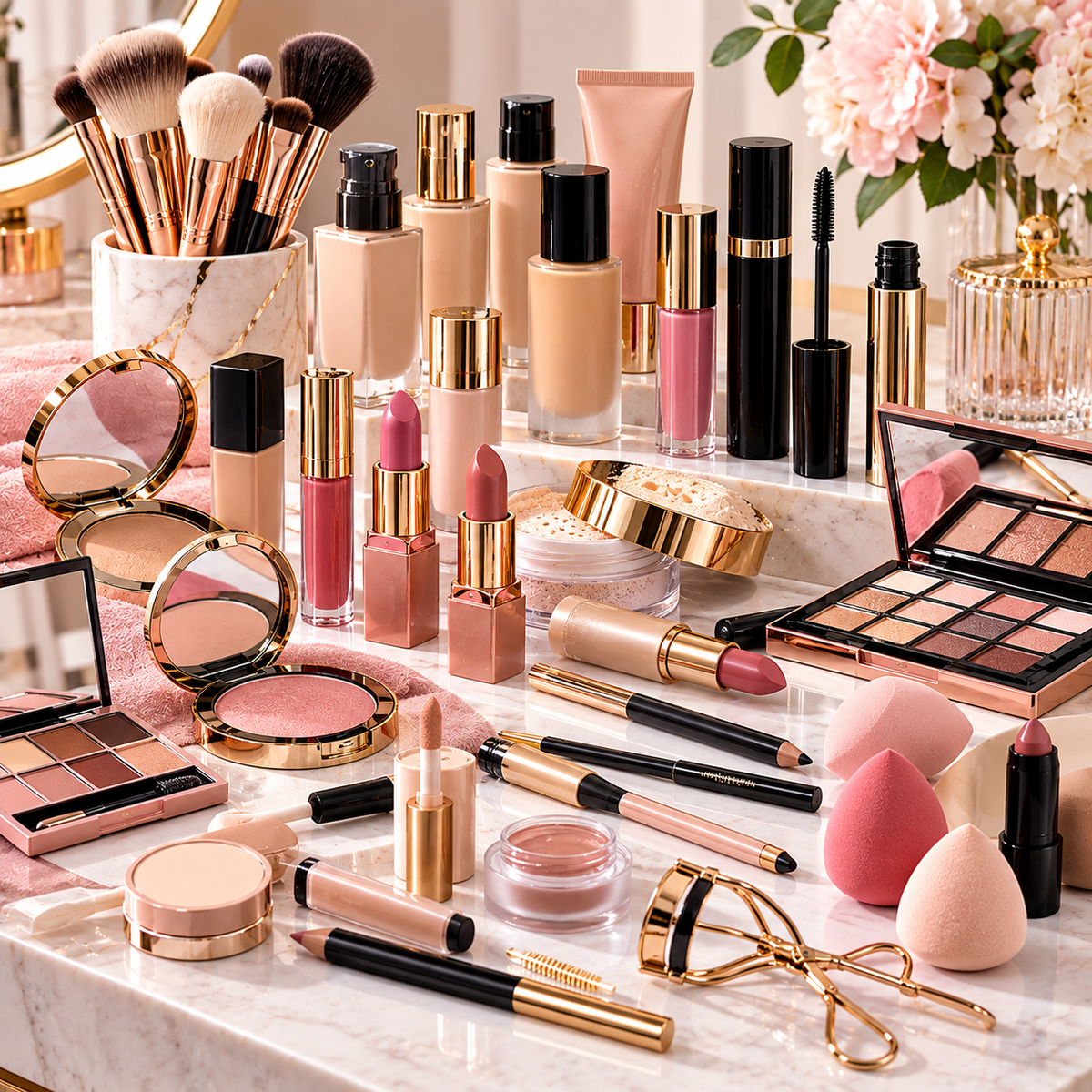 Vanidad de maquillaje en tonos rosados y dorados