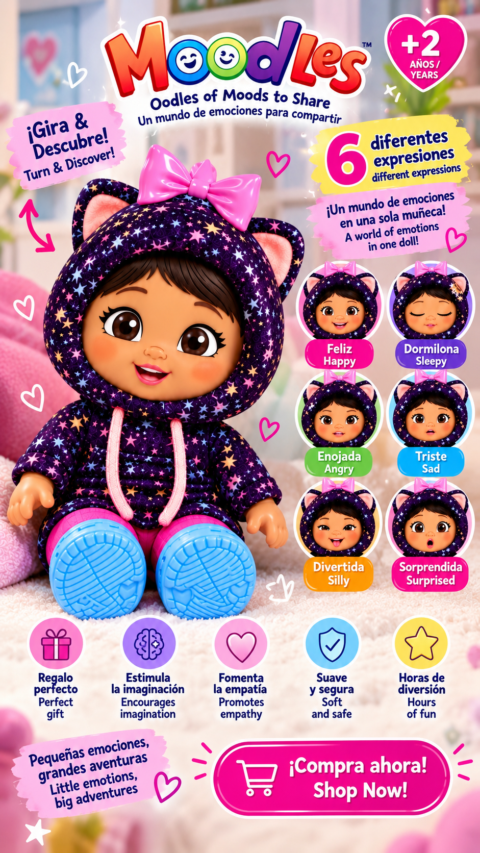 Moodles Aria Doll – 6 Changing Facial Expressions – Interactive Emotions Doll Ages. Muñeca 6 expresiones