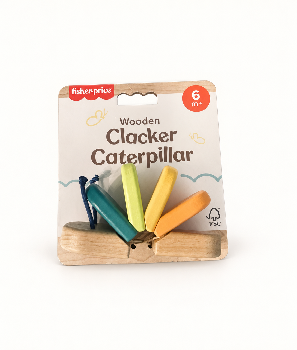 Fisher-Price Wooden Clacker Caterpillar in teal, lime, yellow and orange