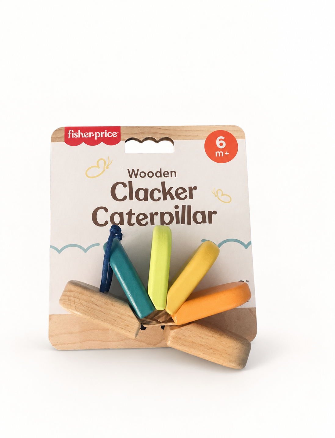 Fisher-Price Wooden Clacker Caterpillar in teal, lime, yellow and orange