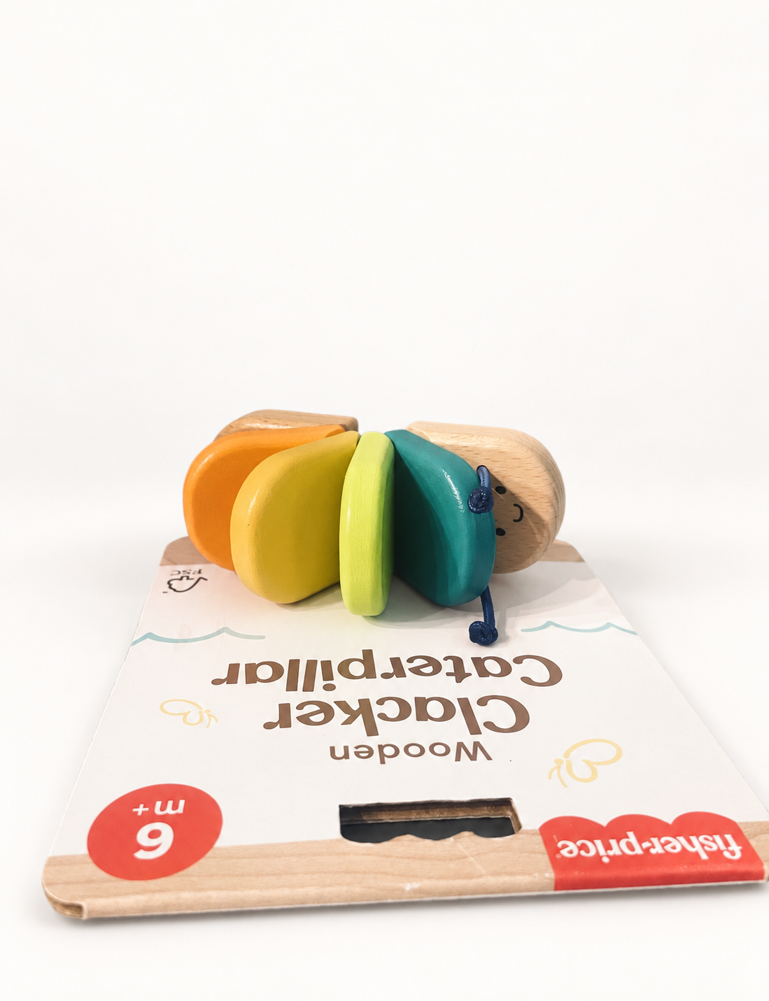 Fisher-Price Wooden Clacker Caterpillar in teal, lime, yellow and orange